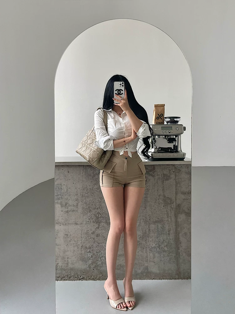 YoungGirlDay Quần short ôm sát hông kiểu Hàn Quốc gợi cảm, cạp cao, có túi bên hông, giúp chân trông dài hơn, quần short thường ngày, quần short nóng bỏng