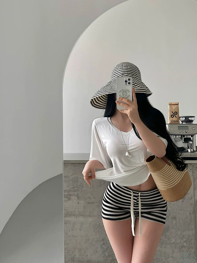 YoungGirlDay khao khát thuần khiết hot girl gợi cảm eo thấp dây rút co giãn ôm hông sọc thể thao quần short giản dị quần short nóng bỏng