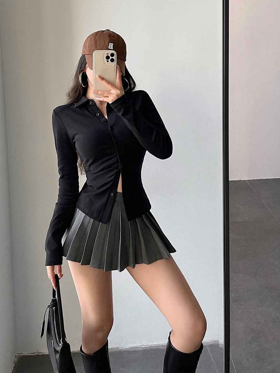YoungGirlDay Pure Desire sexy lapel áo thun dài tay có cổ, ôm vừa vặn, có dây rút ở eo dành cho nữ.