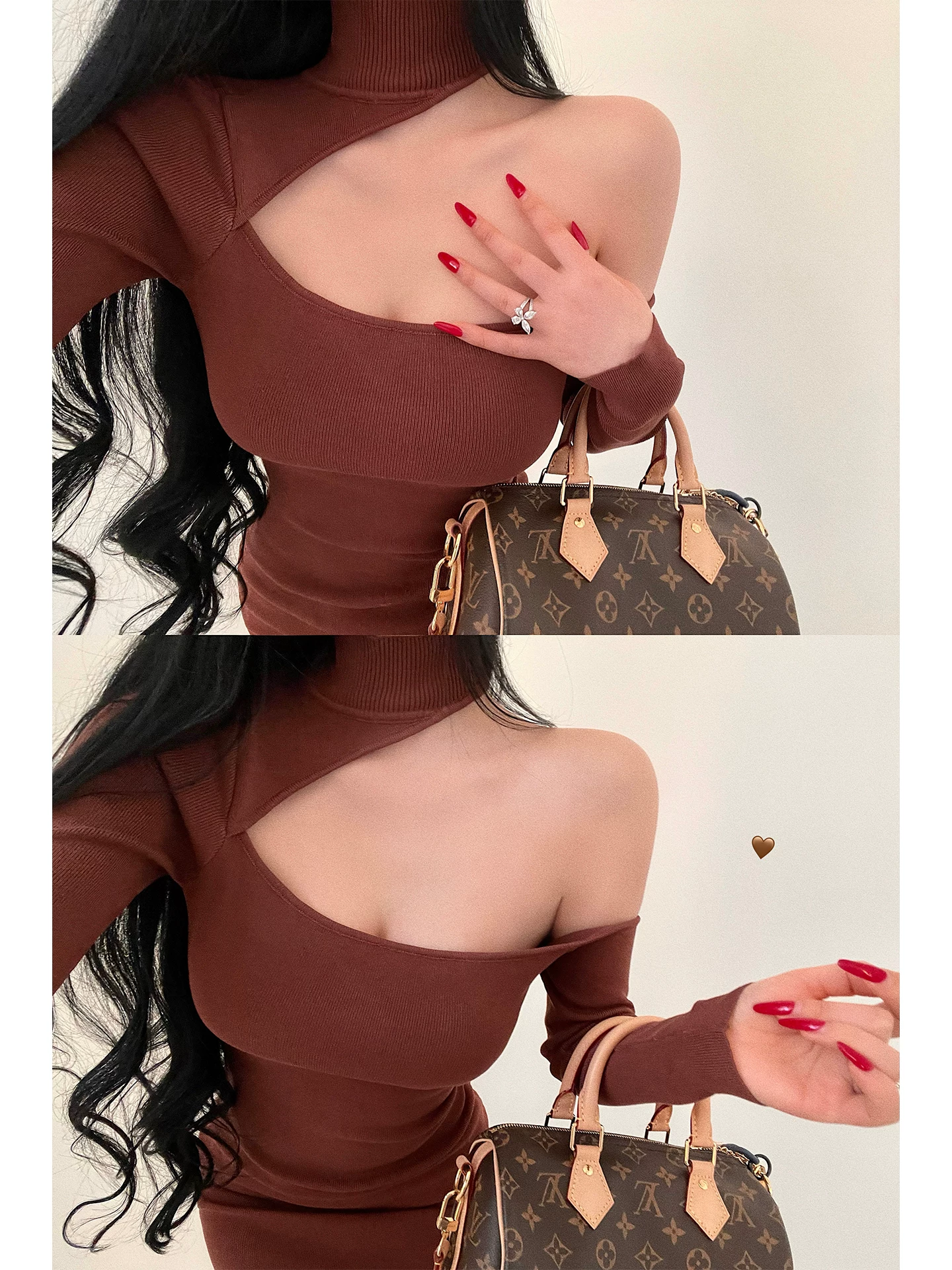 YoungGirlDay trưởng thành và gợi cảm, váy ngắn ôm sát cổ cao, tay dài, chất liệu dệt kim, kiểu dáng ôm sát.