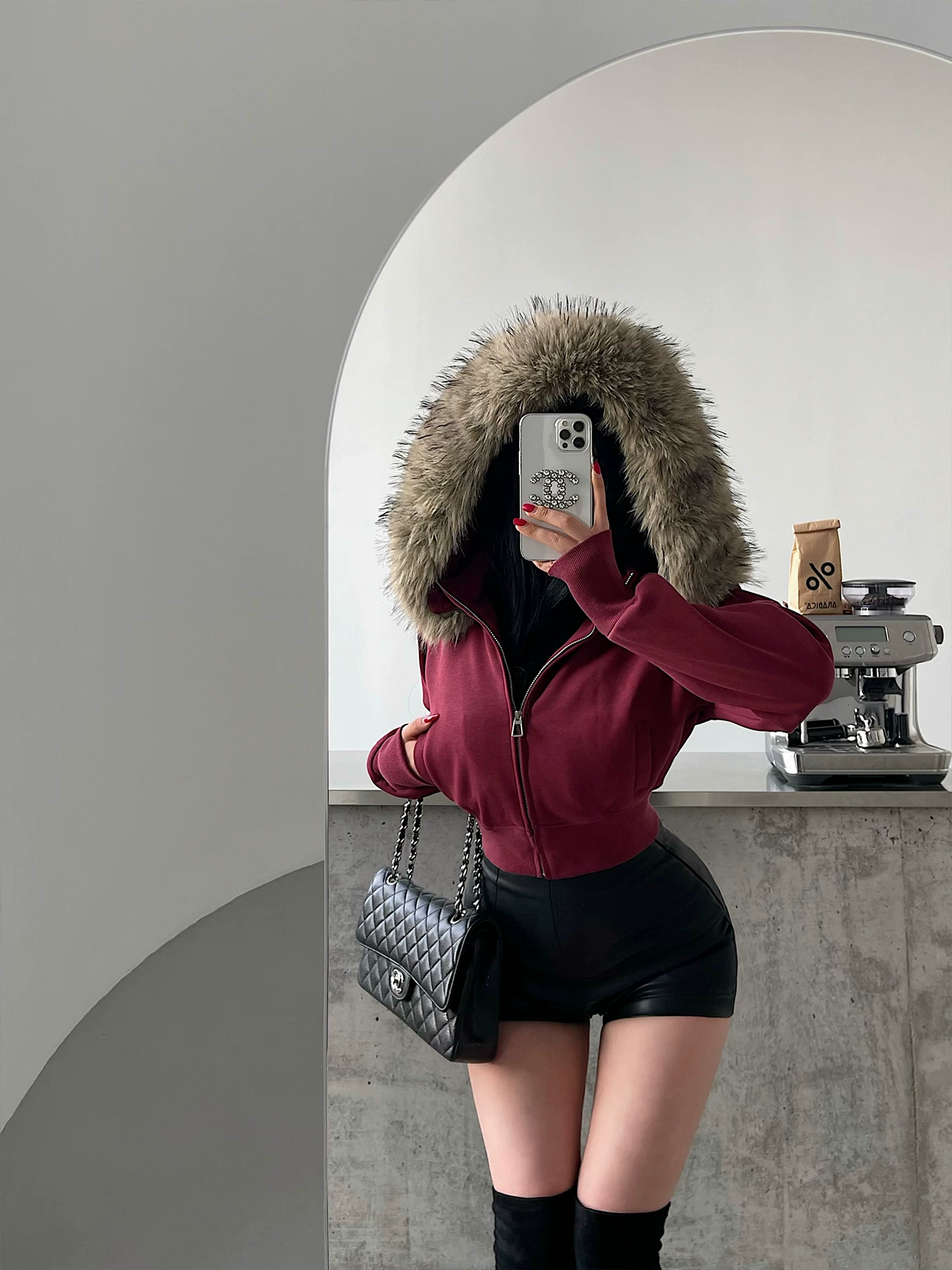 YoungGirlDay Áo khoác nỉ dày dặn có mũ trùm đầu có cổ lông có thể tháo rời theo phong cách Mỹ mùa thu đông dành cho nữ