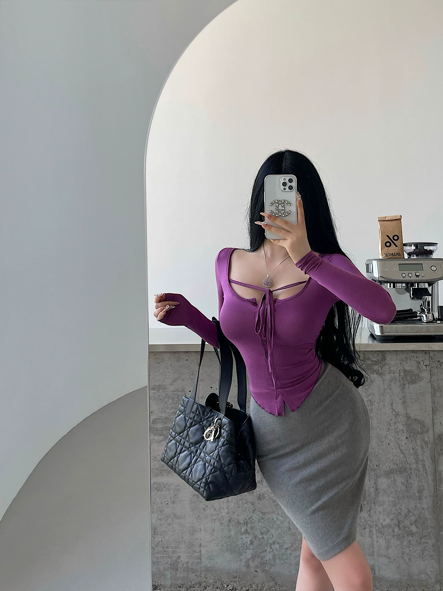 YoungGirlDay Pure Desire Áo thun dài tay có nơ đơn ngực gợi cảm kiểu dáng ôm vừa vặn