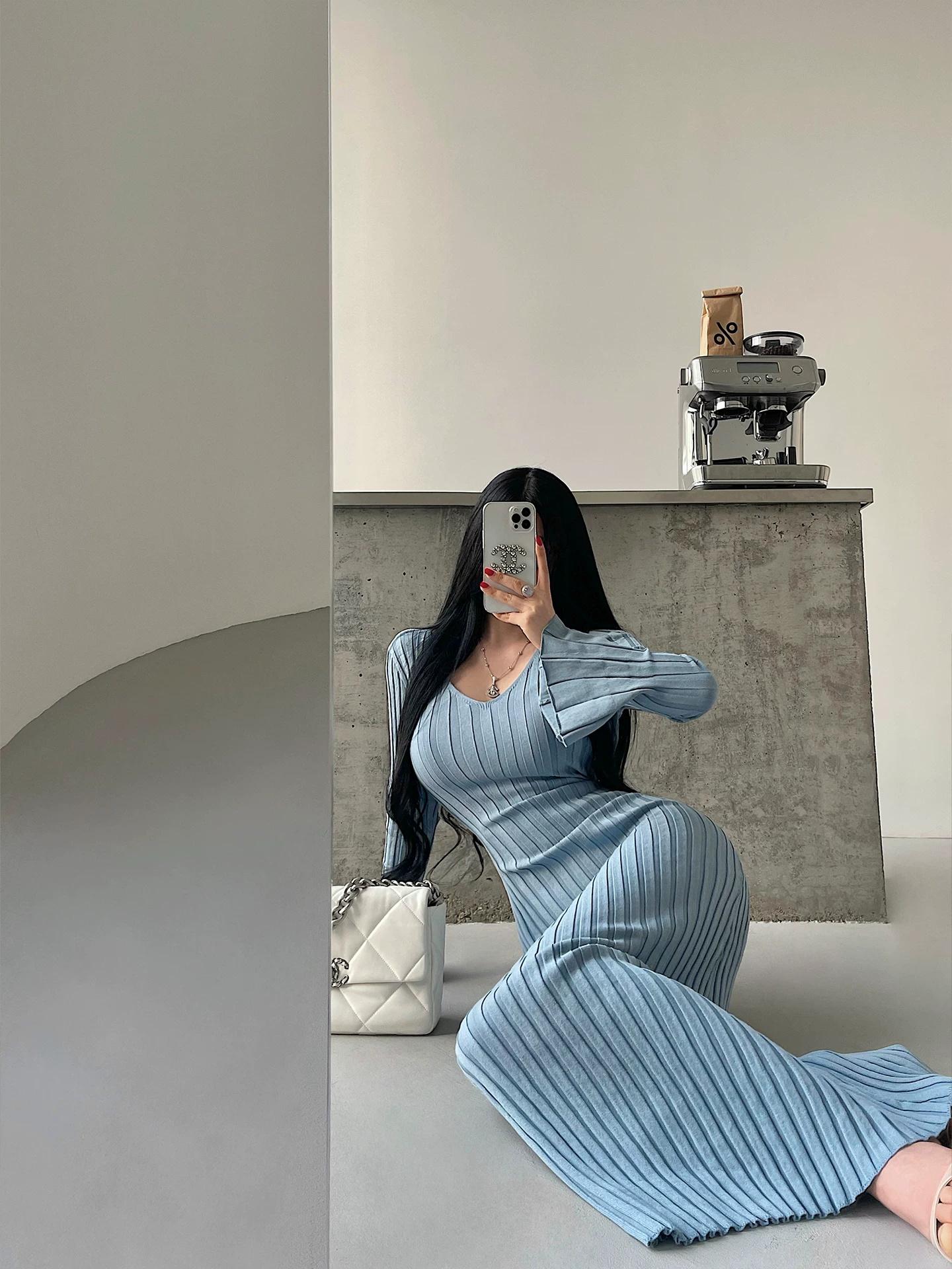 YoungGirlDay Pure Desire Style Phong cách gợi cảm cổ chữ V buộc dây eo tay dài dệt kim Bodycon Dress Váy dài