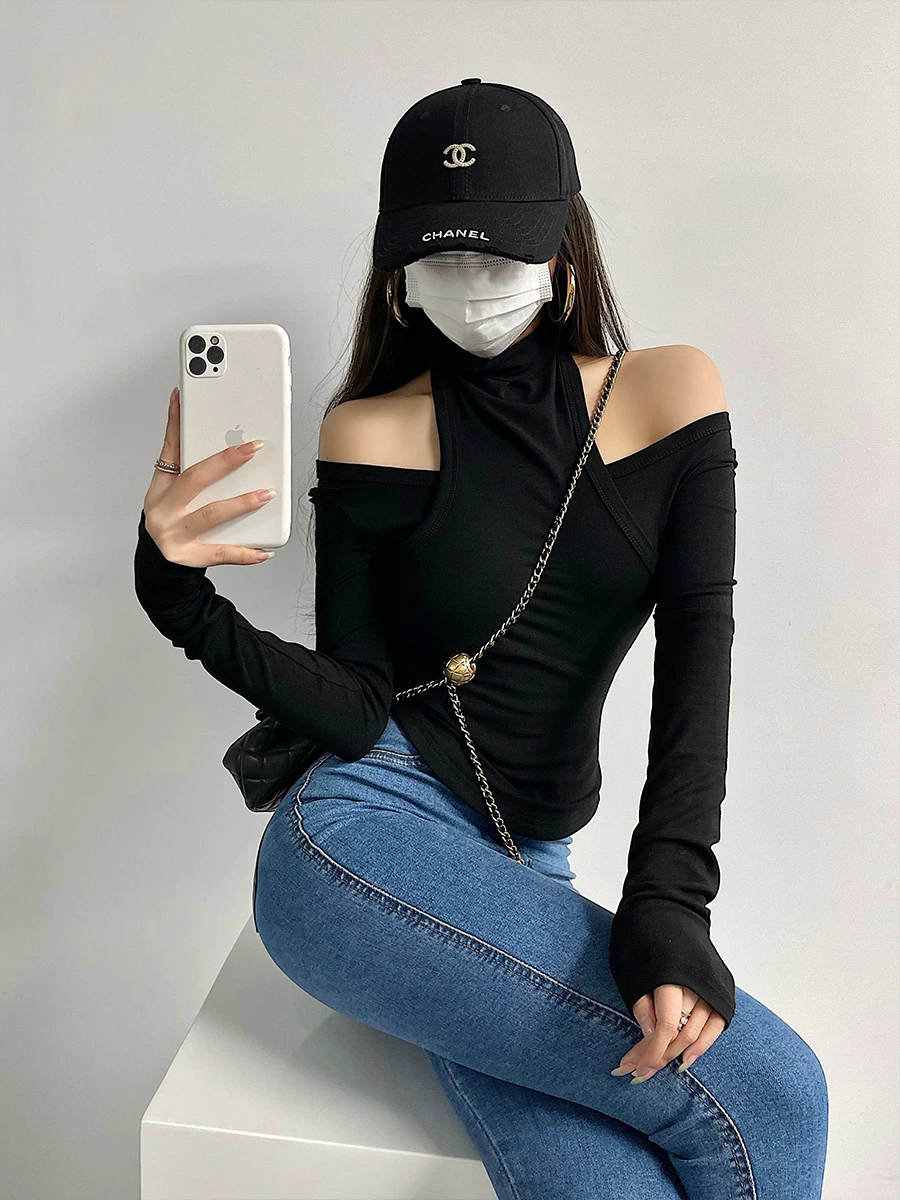 YoungGirlDay Pure Desire gợi cảm cổ cao khoét vai áo thun dài tay ôm sát giúp giảm béo dành cho nữ.