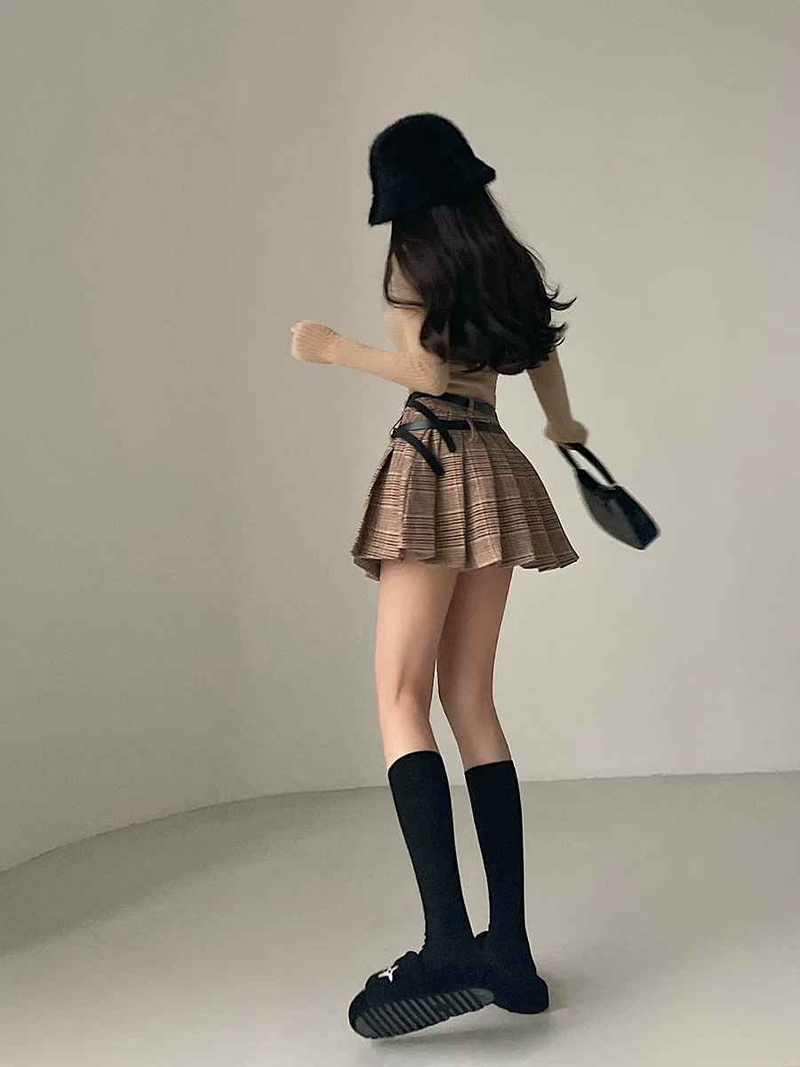 YoungGirlDay phong cách retro đại học phong cách retro eo cao giảm béo thắt lưng đôi chống lộ váy kẻ sọc váy ngắn