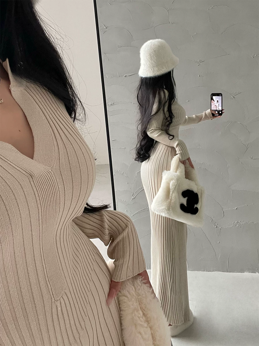 YoungGirlDay Pure Desire Style Phong cách gợi cảm cổ chữ V Slim Fit dài tay có gân đan Bodycon Dress Váy dài.