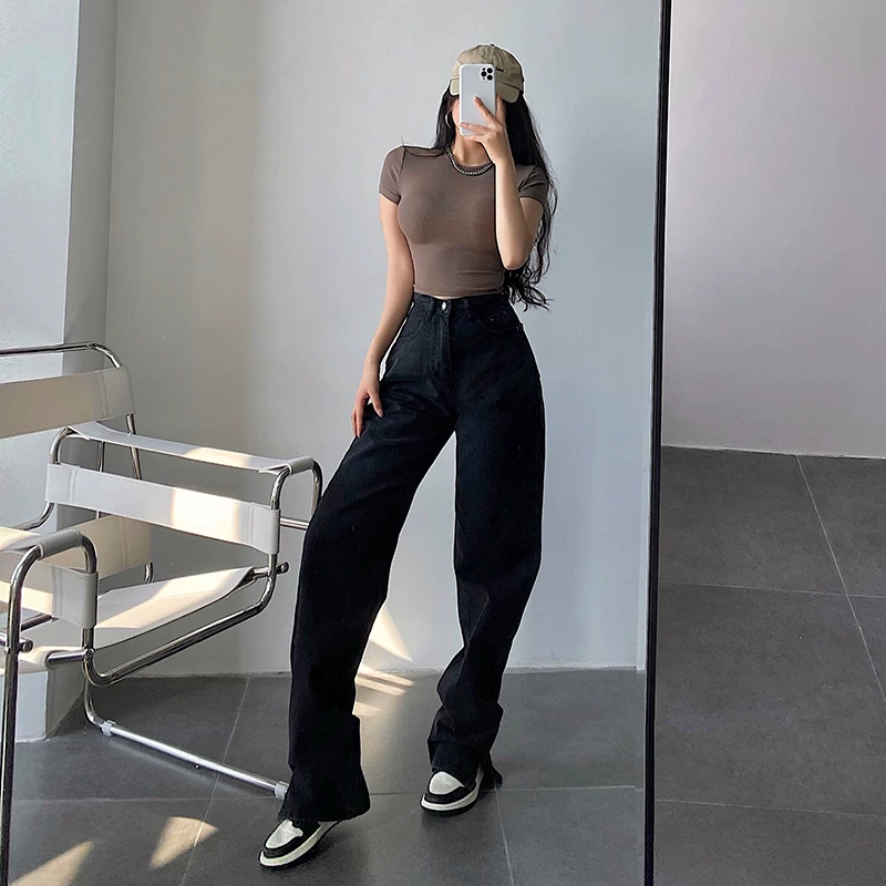 YoungGirlDay 2023 quần jean denim xẻ tà dài đến sàn, cạp cao, vừa vặn, đa năng, mới lạ năm 2023.