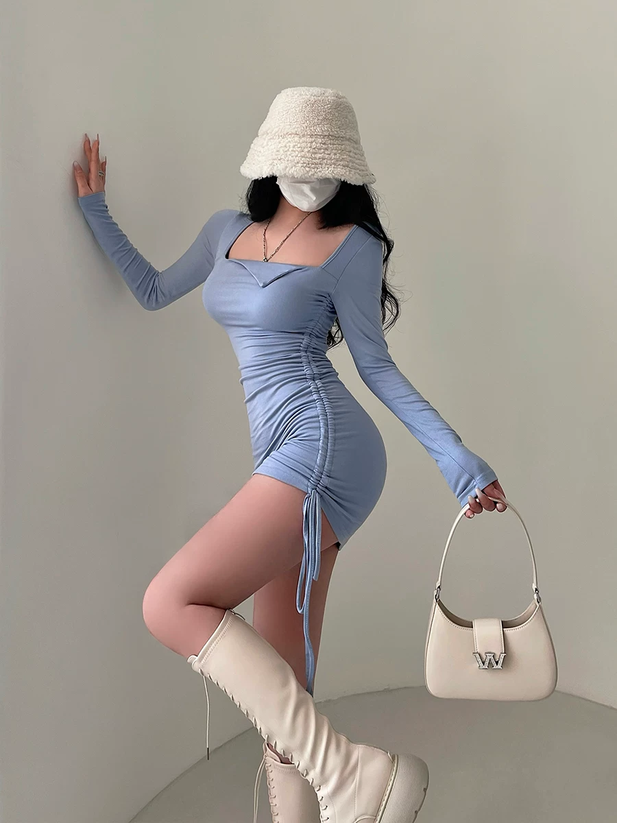 YoungGirlDay phong cách thuần khiết gợi cảm cổ vuông ôm vừa vặn dây rút xếp nếp váy dài tay ôm sát váy ngắn