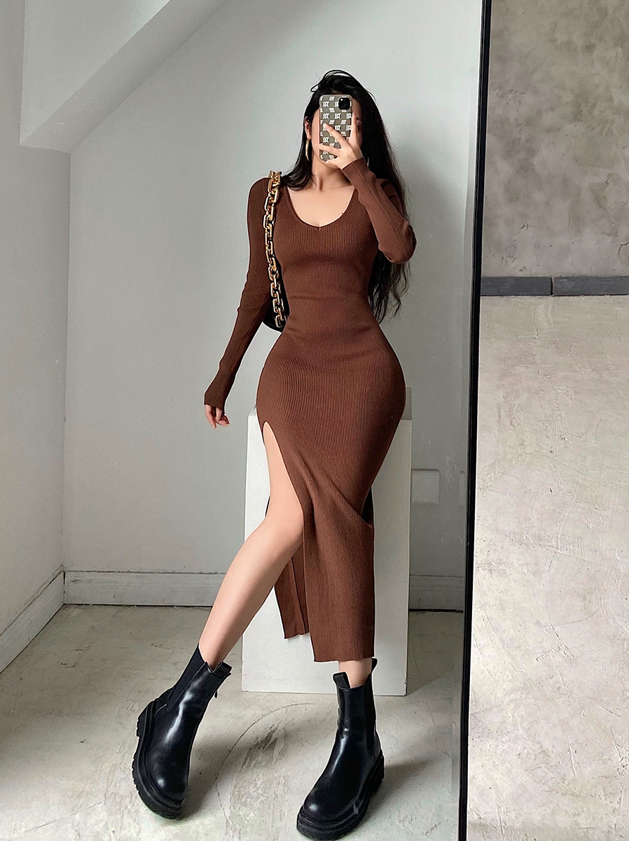 Đầm ôm body dáng dài tay dài cổ V xẻ tà phong cách Âu Mỹ mới năm 2025 dành cho Ngày của Thiếu Nữ