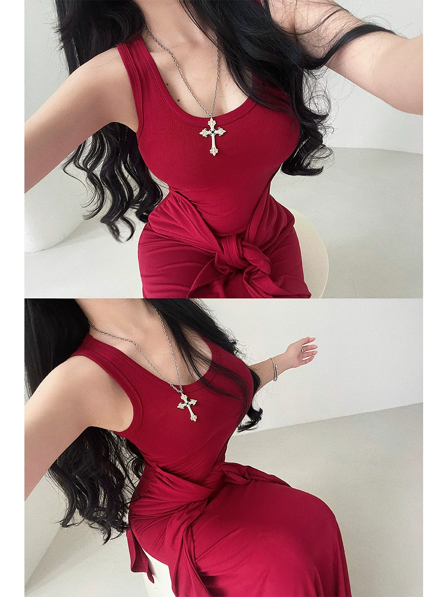 YoungGirlDay Pure Desire Style Phong cách gợi cảm cổ chữ U giả hai mảnh có dây buộc eo lớn Váy dây đeo viền dài