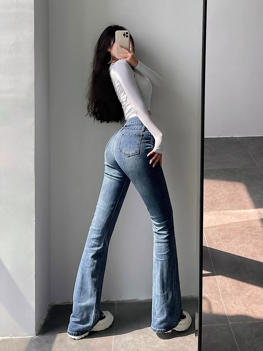 YoungGirlDay Quần jean dài chấm đất kiểu dáng cổ điển châu Âu và Mỹ, cạp cao, ôm sát, có thắt lưng có thể tháo rời.