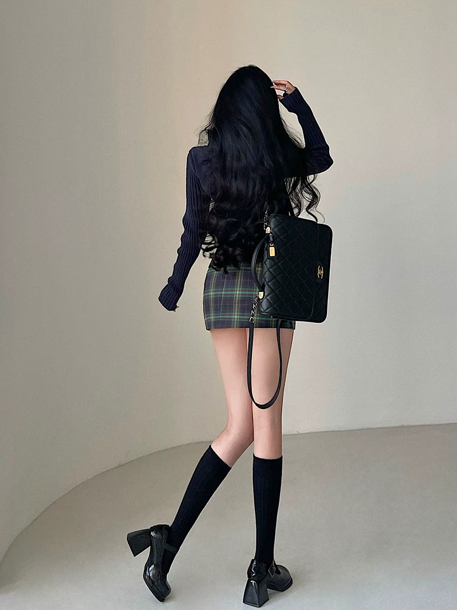 YoungGirlDay Váy ngắn ôm hông kiểu Mỹ cổ điển cạp cao kẻ sọc chống lộ hàng, có thắt lưng hợp thời trang