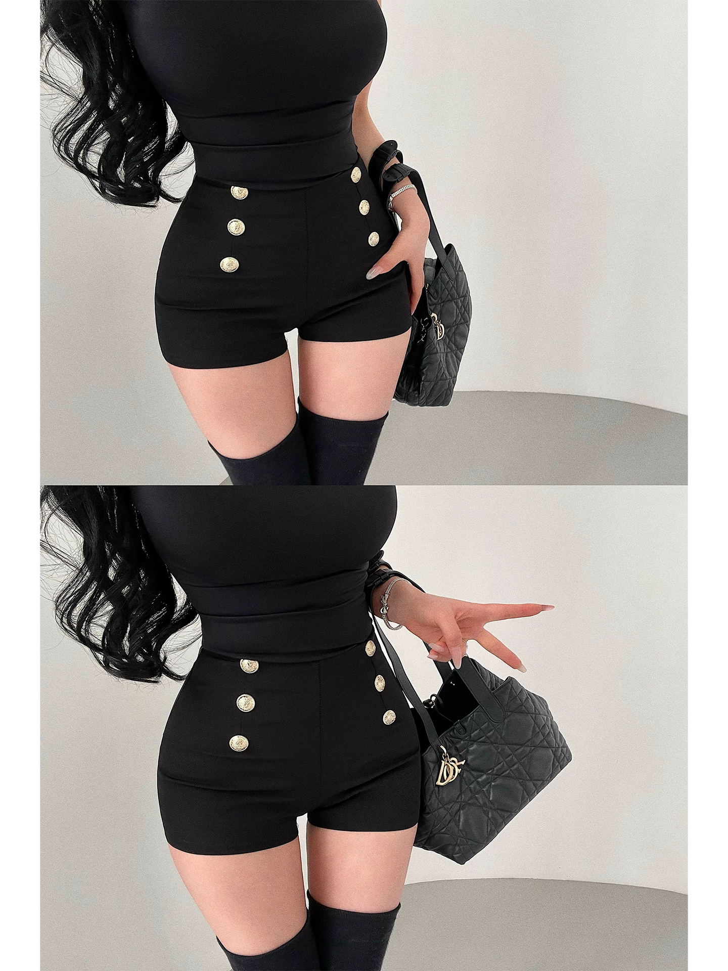 YoungGirlDay Quần short giảm béo cạp cao gợi cảm phong cách Hàn Quốc có trang trí nút, thiết kế ôm hông, hiệu ứng kéo dài chân, quần short thường ngày, quần hot pants.