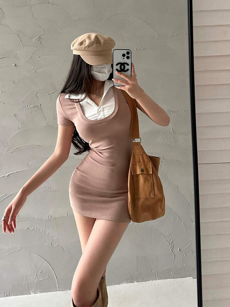 YoungGirlDay khao khát thuần khiết, gợi cảm, ôm sát, phối màu tương phản, váy ngắn tay giả hai mảnh có ve áo và váy ngắn ôm sát.