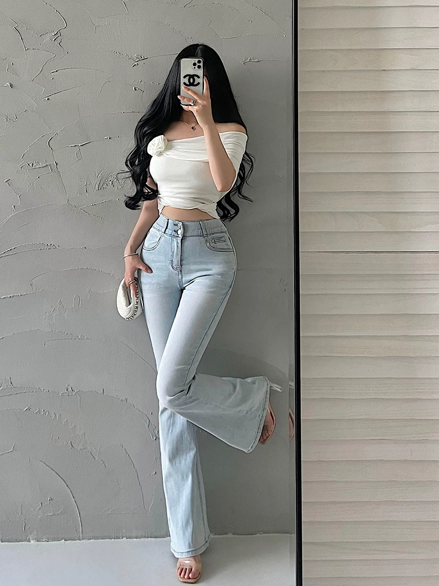 YoungGirlDay Quần cạp cao co giãn thời trang Hàn Quốc giúp thon gọn vòng eo, giúp chân trông dài hơn, quần jean ống loe, quần dài chạm sàn.