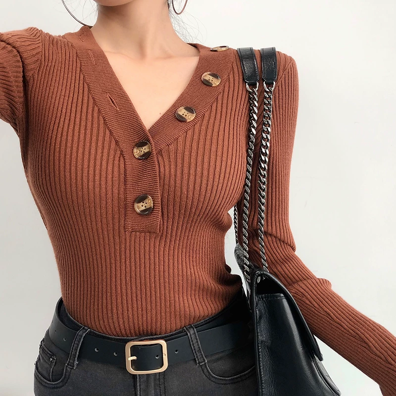 YoungGirlDay Áo dệt kim có đường viền gân, cổ chữ V sâu gợi cảm, phong cách Âu Mỹ, kiểu dáng ôm sát, đơn hàng nút, dành cho nữ.