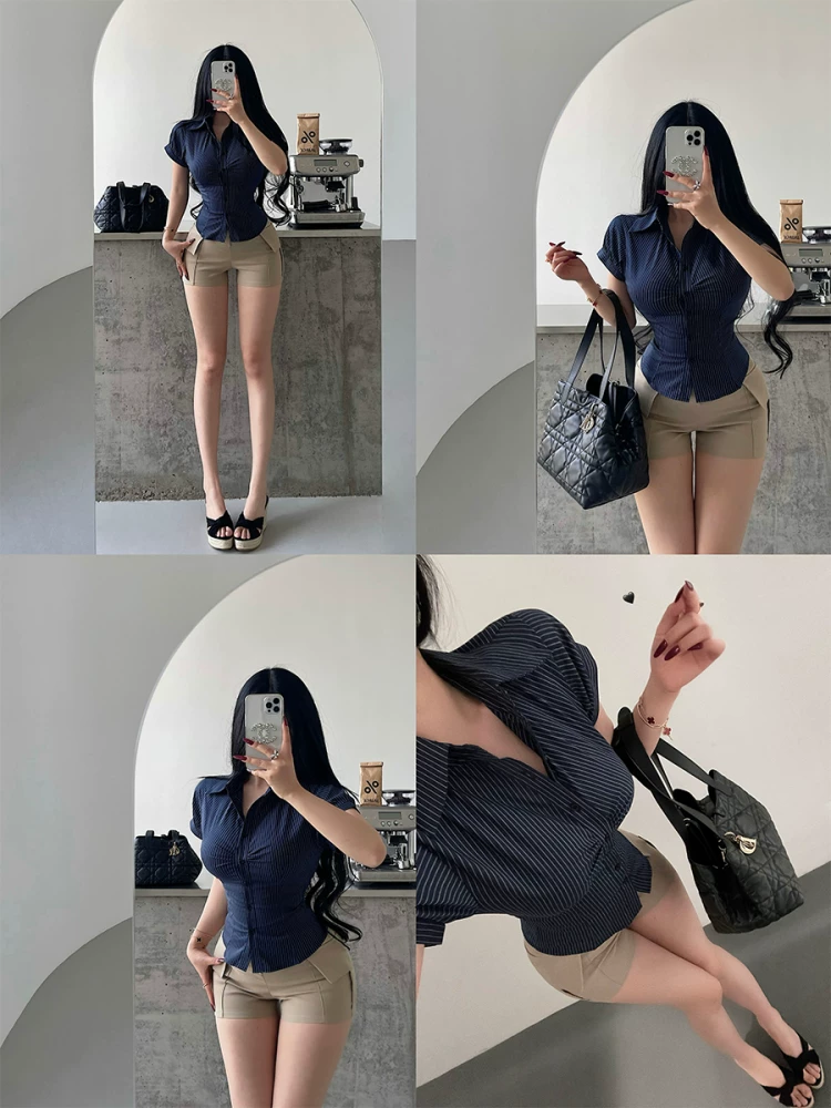 Áo sơ mi nữ YoungGirlDay thời trang, kiểu dáng ôm sát, tay ngắn, kẻ sọc, thiết kế cổ vest, giúp thon gọn eo.