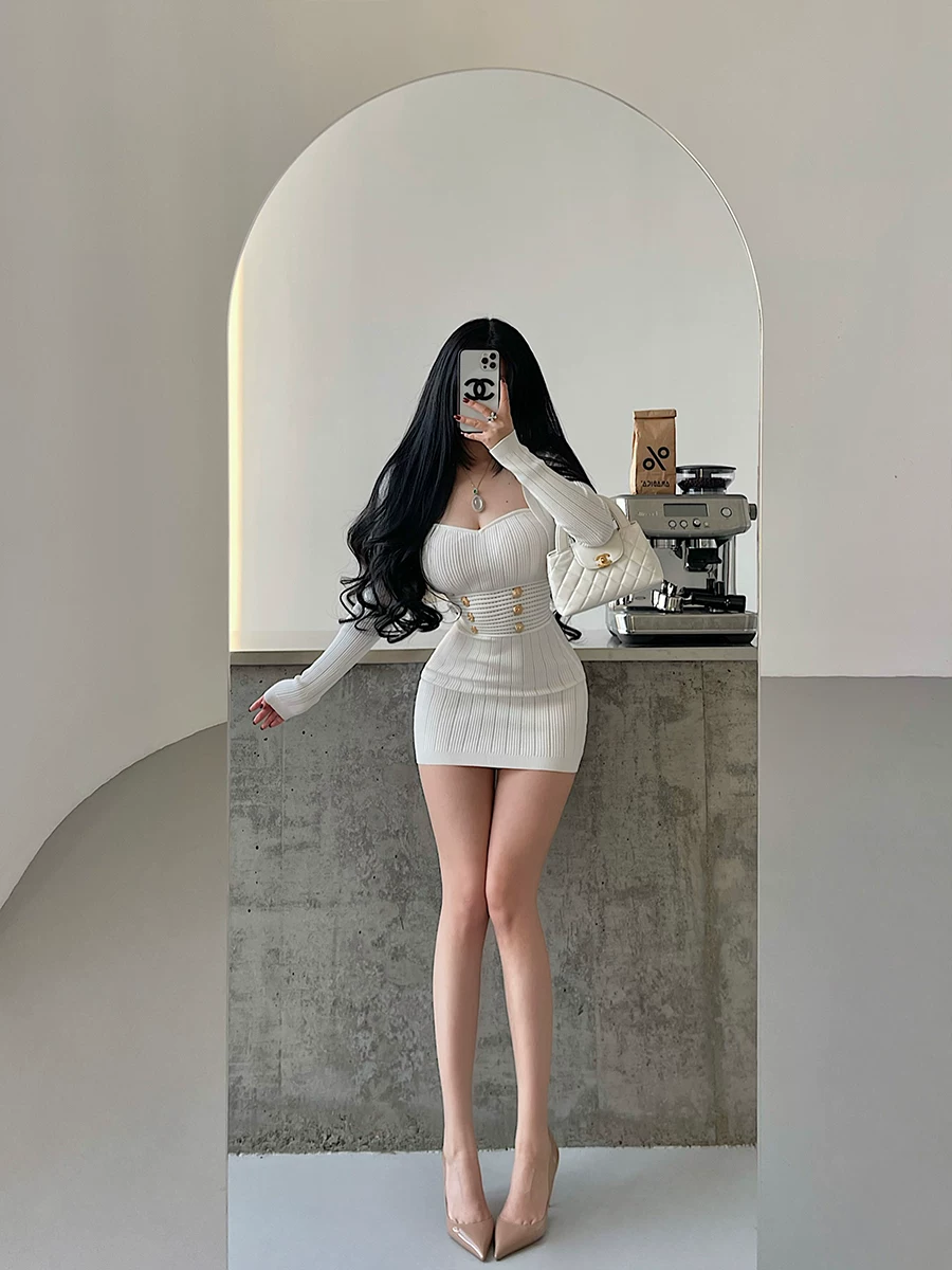 YoungGirlDay pure Desire phong cách hot girl dệt kim áo cardigan dài tay gợi cảm áo ống bó sát eo bộ váy ôm sát eo