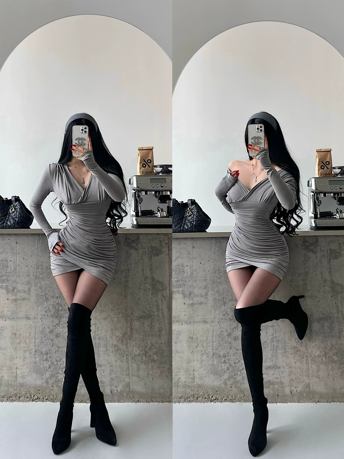YoungGirlDay Pure Desire Style Phong cách gợi cảm cổ chữ V xếp nếp eo thon gọn tay dài Đầm ngắn Bodycon.