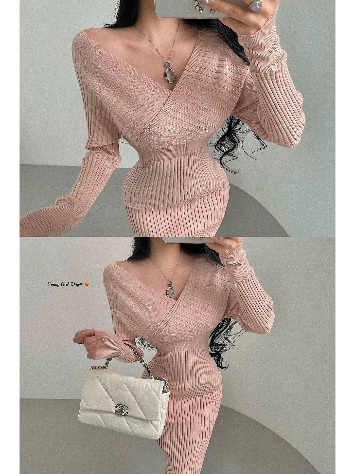 YoungGirlDay Pure Desire Váy dài tay dệt kim cổ chữ V gợi cảm, ôm sát eo, dài vừa phải.