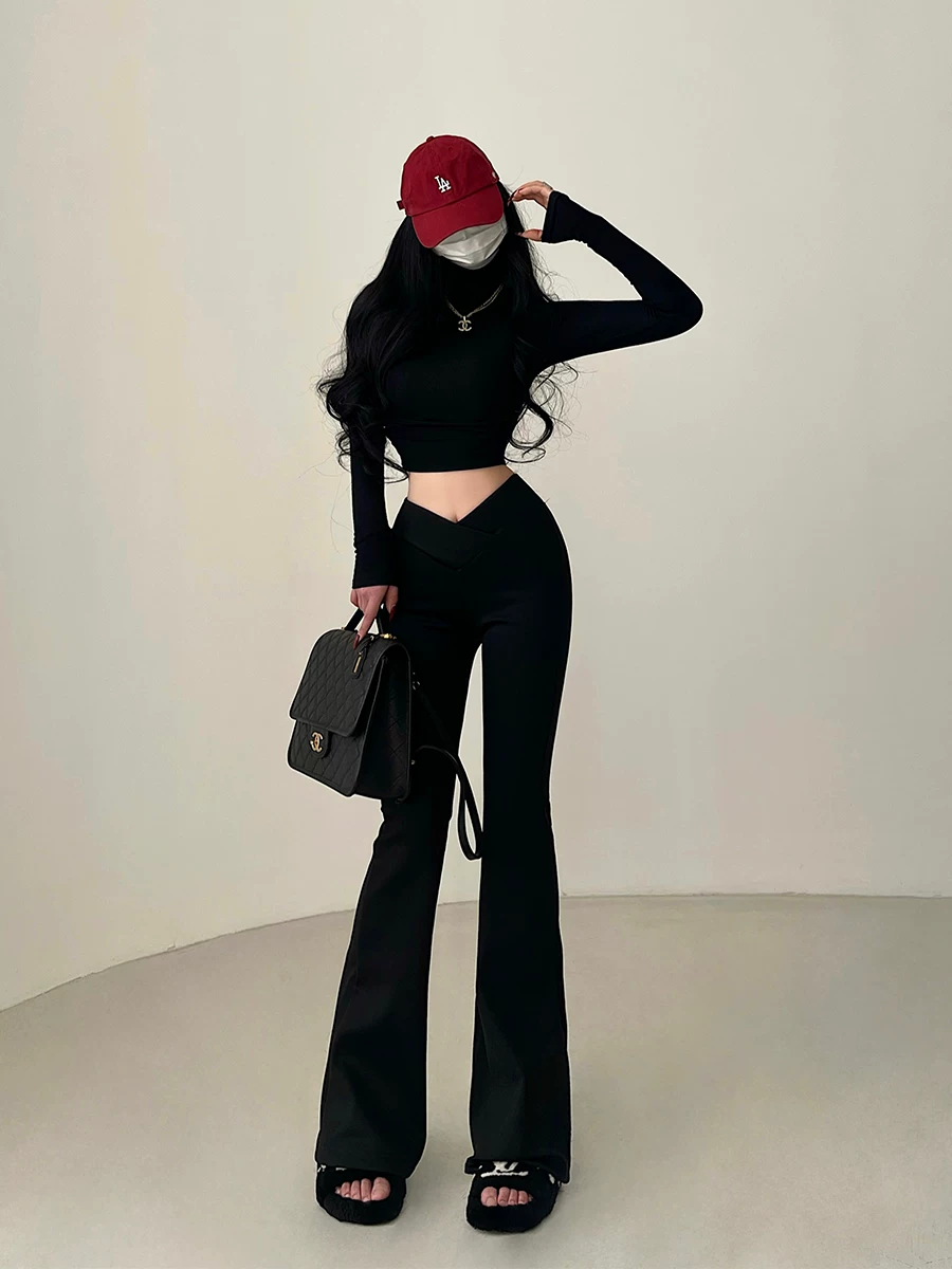 YoungGirlDay Quần ống loe cạp cao hình chữ V phong cách Âu Mỹ giúp chân trông dài hơn Quần thường ngày dành cho nữ