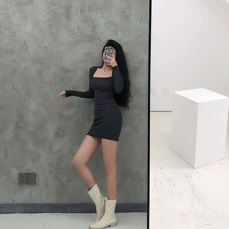YoungGirlDay Phong cách Âu Mỹ màu trơn không tay cổ vuông dài tay gợi cảm ôm sát cơ thể