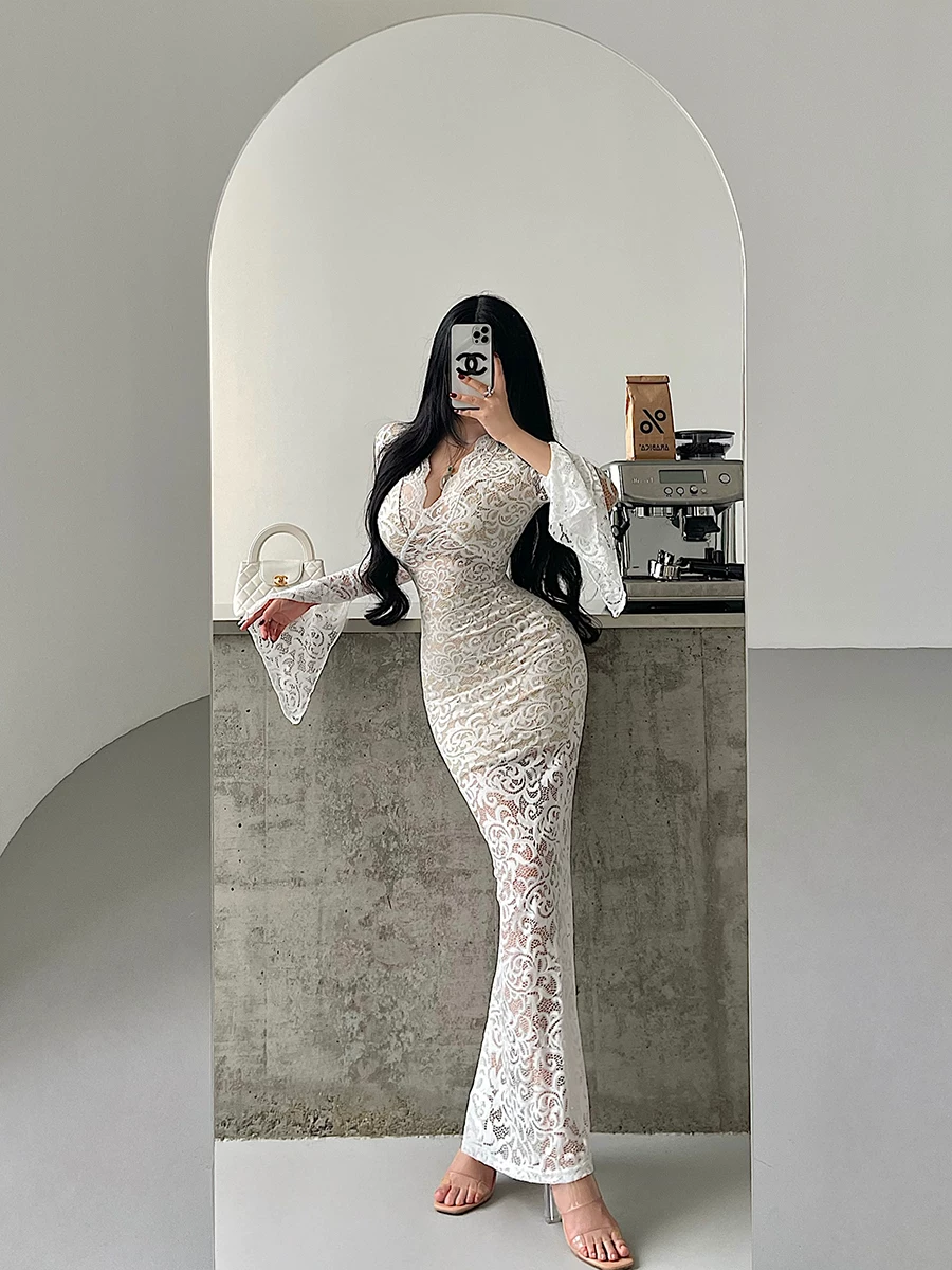 YoungGirlDay Pure Desire Style Phong cách gợi cảm Deep V Slim Fit Ren khoét hở tay áo dài Bodycon Dress Áo dài.