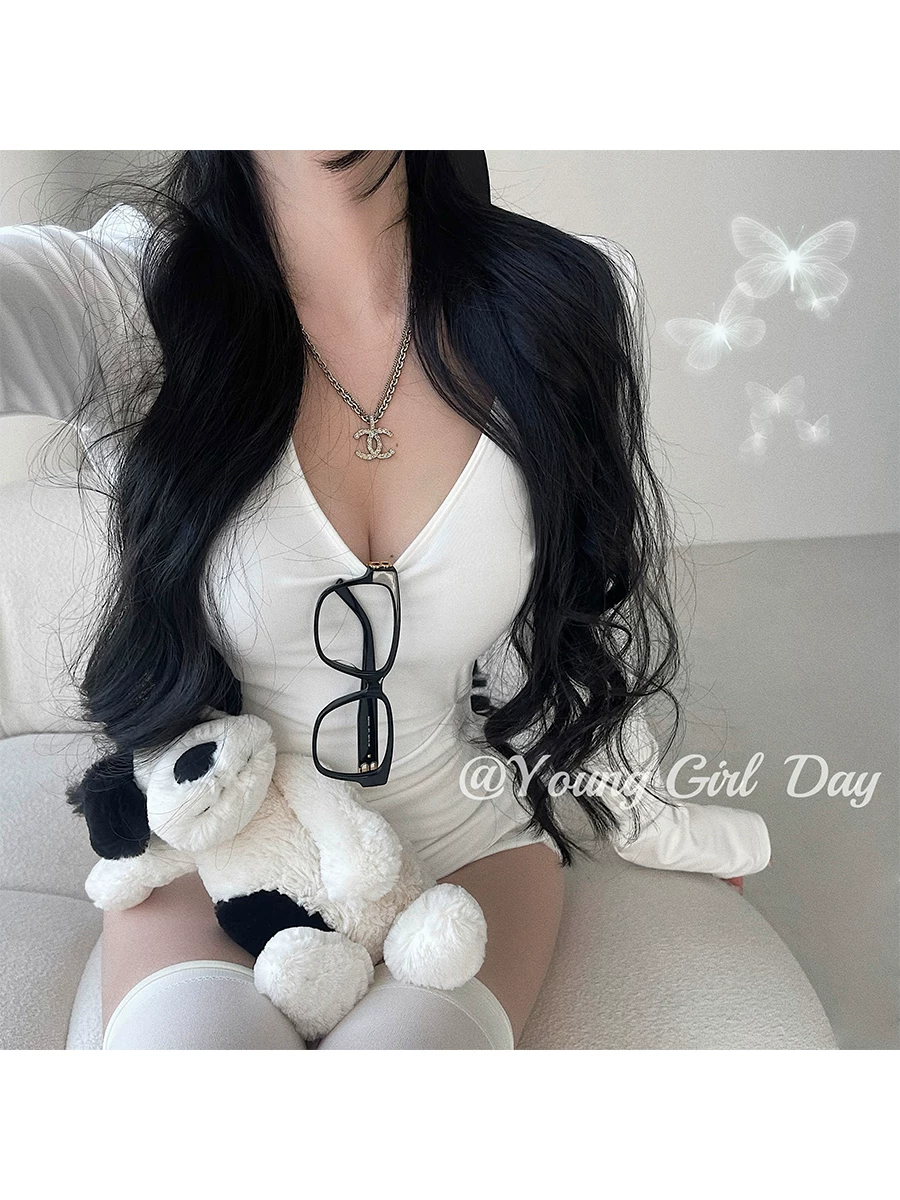YoungGirlDay khao khát thuần khiết phong cách cô gái ngọt ngào gợi cảm cổ chữ V ôm sát eo xếp nếp áo thun dài tay cơ bản