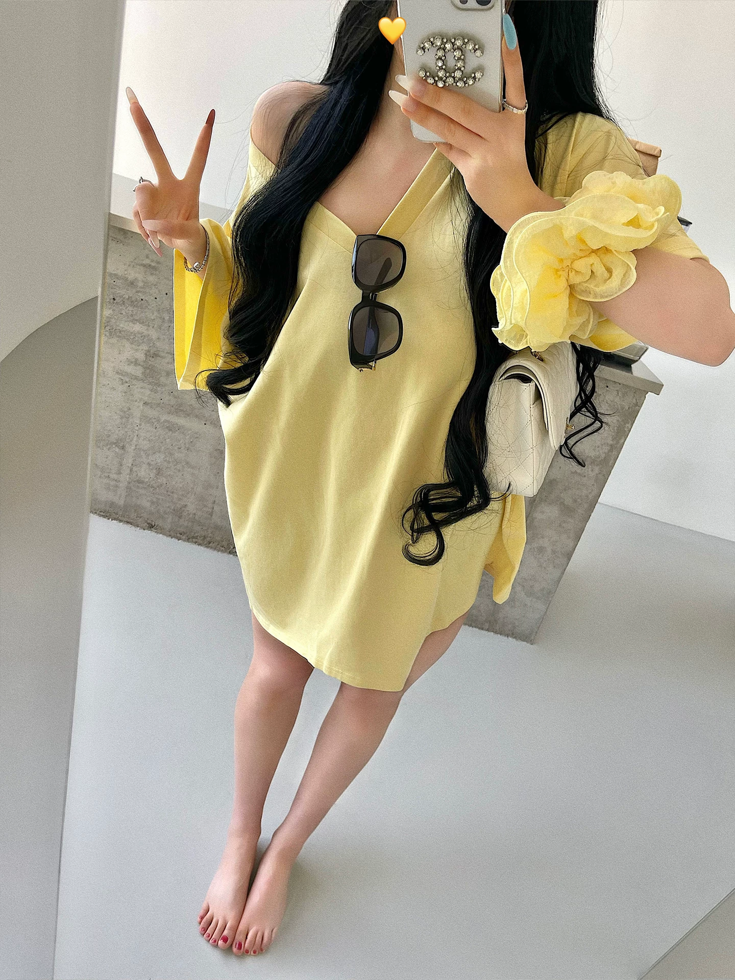 YoungGirlDay Pure Desire phong cách lười biếng cơ bản cổ chữ V dáng rộng giảm béo tay ngắn chất liệu cotton nguyên chất Áo thun thường ngày dành cho nữ