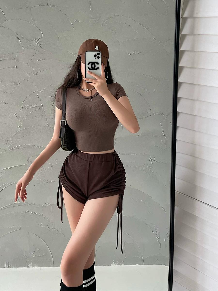 YoungGirlDay Áo thun ngắn tay màu trơn kiểu Âu Mỹ cơ bản gợi cảm cổ tròn ôm vừa vặn co giãn màu trơn