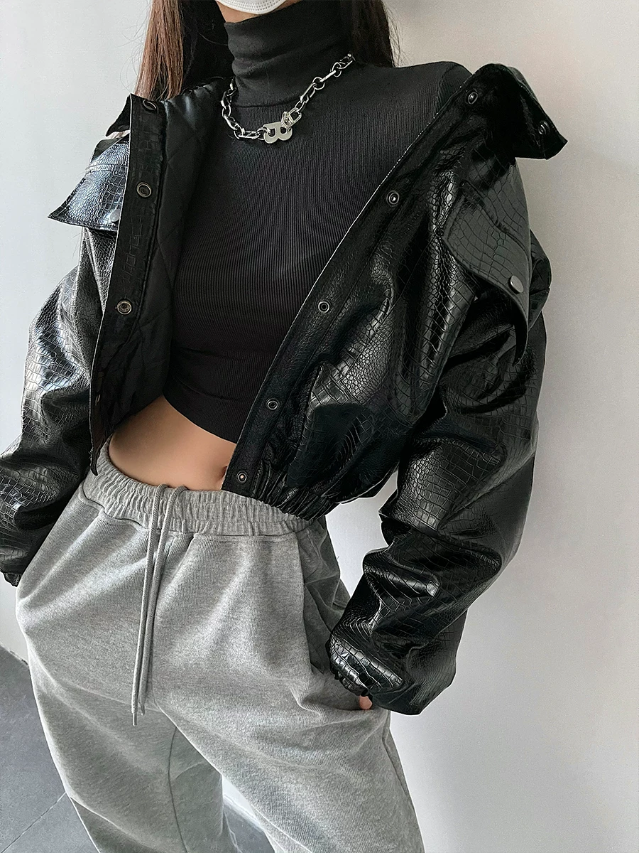 Áo khoác da PU ngắn phong cách đường phố Âu Mỹ YoungGirlDay, dáng rộng, áo khoác biker may chần bông thời thượng dành cho nữ.
