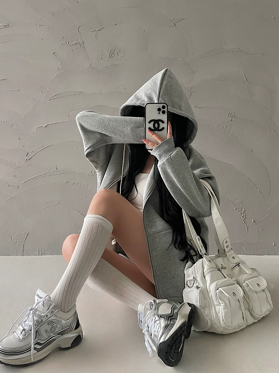 YoungGirlDay Phong cách đường phố châu Âu và Mỹ, áo khoác thể thao có dây kéo, có mũ trùm đầu, lót lông cừu, dày dặn, phong cách thể thao thông thường