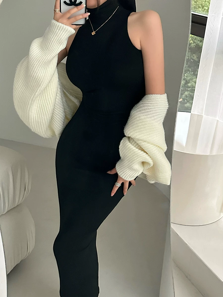YoungGirlDay Váy dài ôm sát không tay kiểu dáng hot girl châu Âu và Mỹ, kiểu dáng ôm sát, cổ cao, không tay.