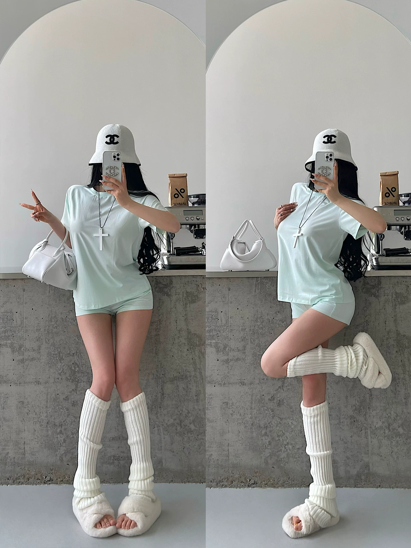 YoungGirlDay Kardashian áo thun ngắn tay dáng rộng cổ tròn màu trơn cơ bản, quần short cạp cao, bộ đồ thường ngày