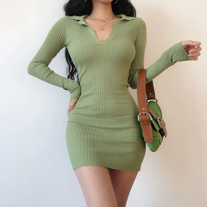 YoungGirlDay Váy dệt kim dài tay cổ chữ V phong cách Âu Mỹ ôm sát hông gợi cảm