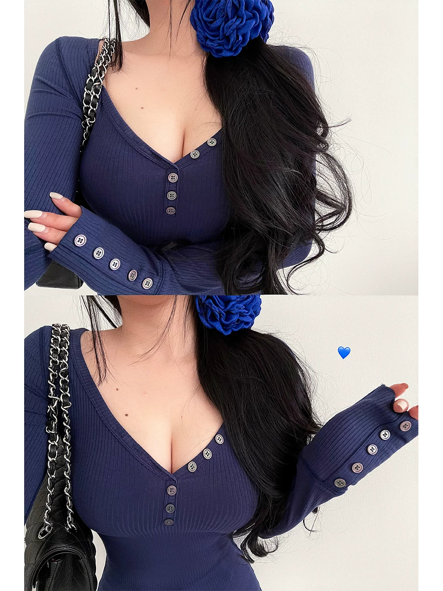 YoungGirlDay khao khát thuần khiết hot girl gợi cảm cổ chữ V sâu trang trí nút thắt eo ôm sát thon gọn áo thun dài tay