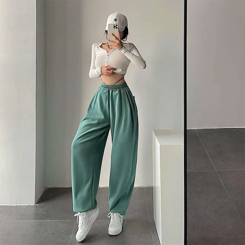 YoungGirlDay Phong cách đường phố châu Âu và Mỹ màu trơn cạp cao dáng rộng dây rút quần jogger quần thể thao thông thường
