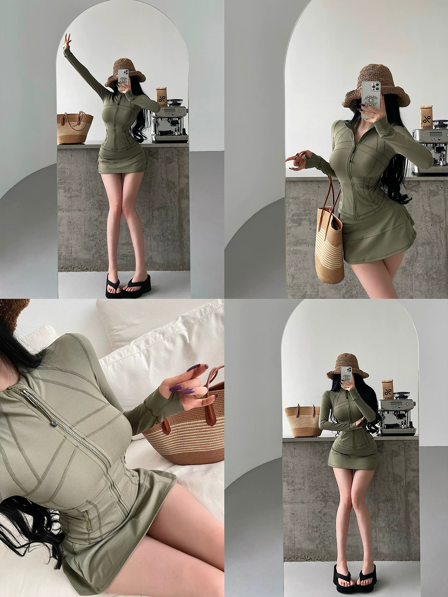 YoungGirlDay phong cách thuần khiết gợi cảm áo khoác có khóa kéo, váy ngắn cạp cao chống lộ hàng, bộ đồ thể thao thường ngày