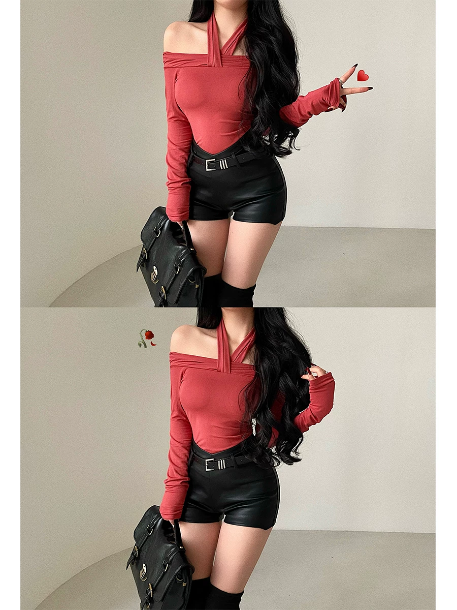 YoungGirlDay Pure Desire Style Gợi cảm lệch vai Slim Fit dài tay màu trơn Áo thun cổ yếm hàng đầu