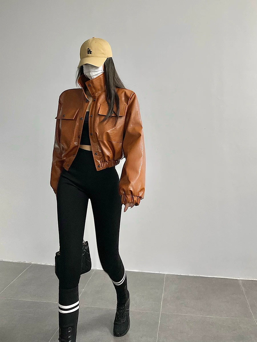 Áo khoác da PU ngắn phong cách đường phố Âu Mỹ YoungGirlDay, dáng rộng, áo khoác biker may chần bông thời thượng dành cho nữ.