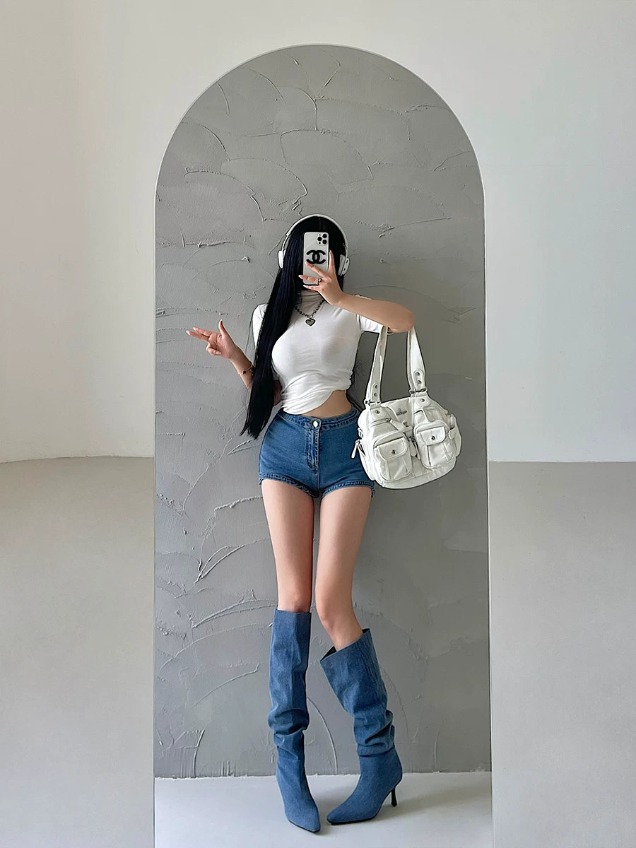 Áo thun ngắn tay đa năng YoungGirlDay Kardashian cổ cao cơ bản, ôm sát, màu trơn, co giãn, đa năng