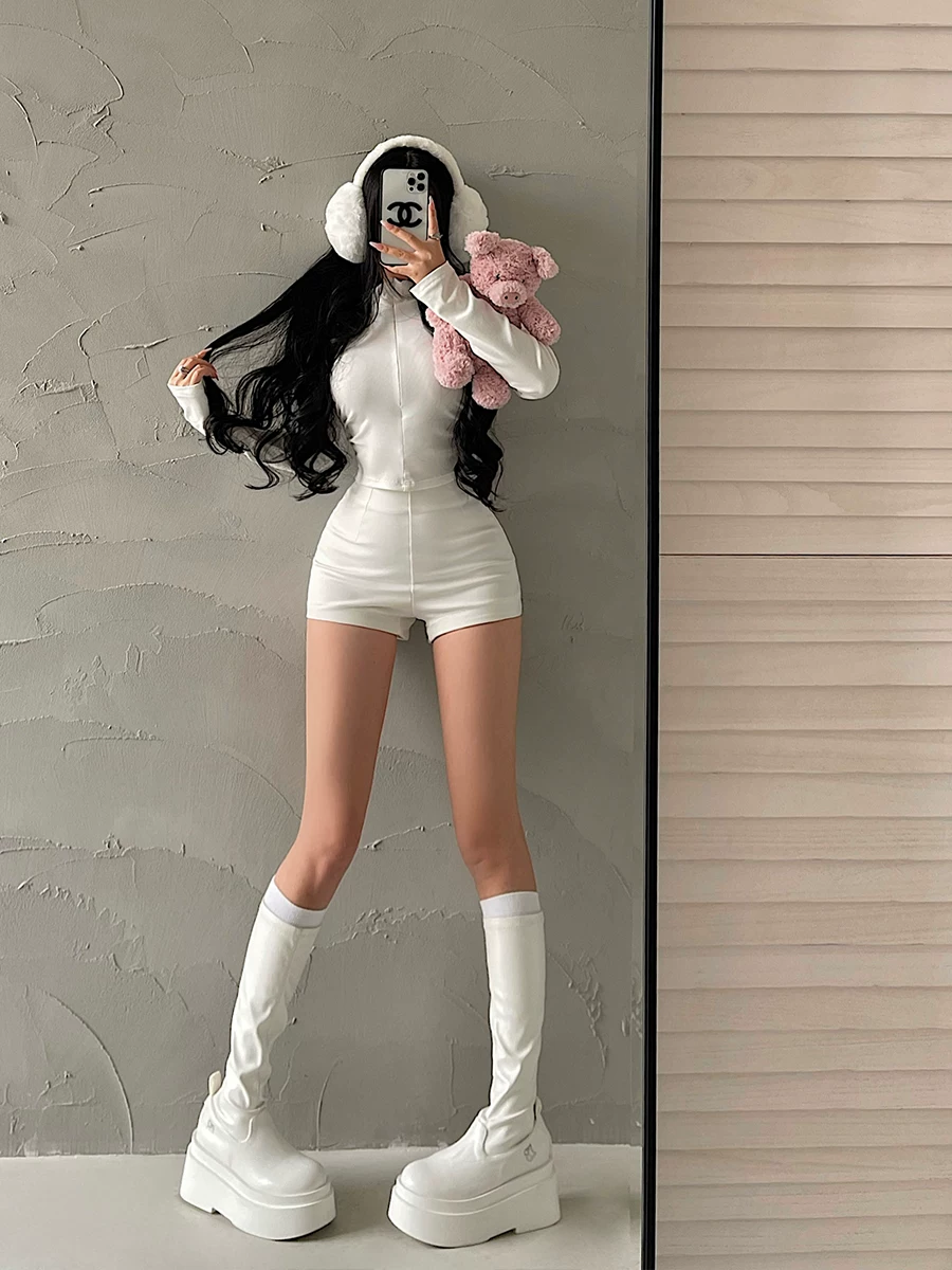 YoungGirlDay Pure Desire Hot Girl Cổ đứng có dây kéo Slim Fit Ruched Eo dài tay áo thun cơ bản.