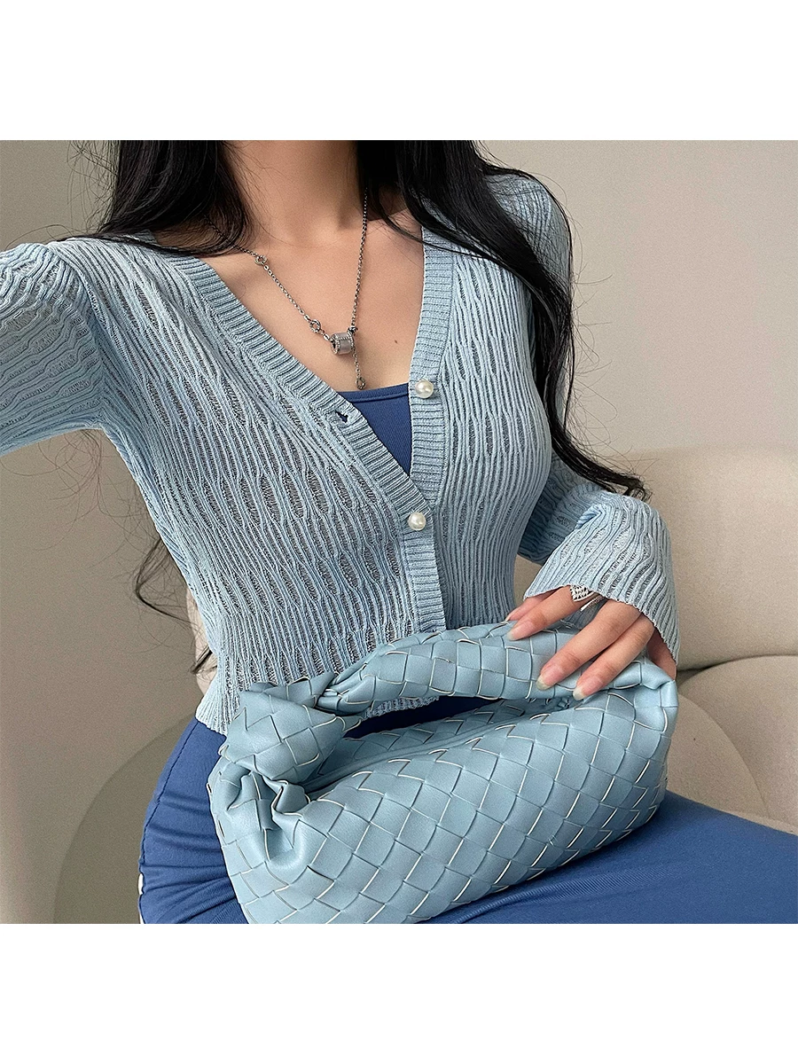 YoungGirlDay Pure Desire Cổ chữ V Slim Fit Áo len dệt kim ngắn tay dài Áo khoác chống nắng siêu mỏng