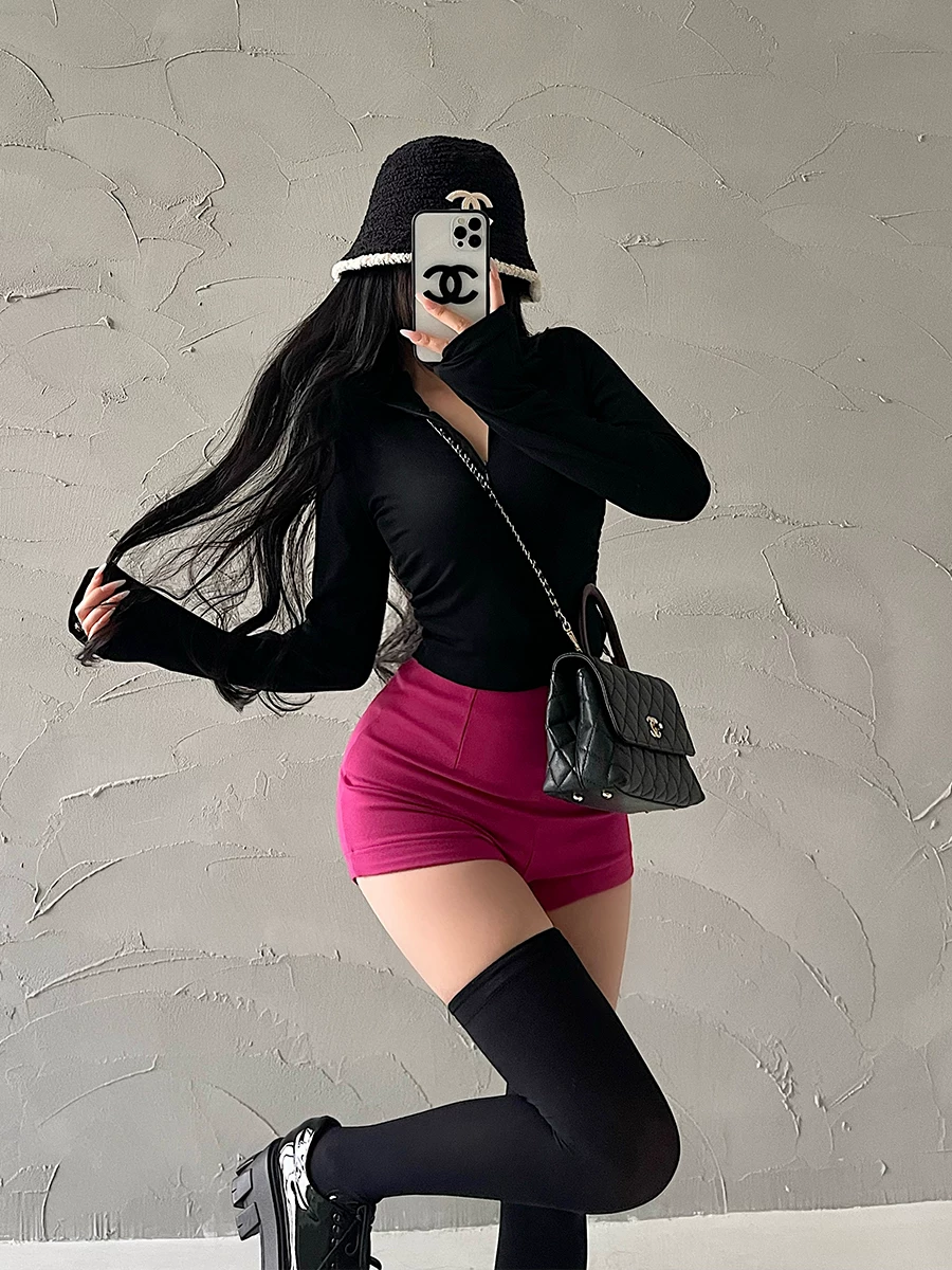 YoungGirlDay Pure Desire Hot Girl Cổ đứng có dây kéo Slim Fit Ruched Eo dài tay áo thun cơ bản.