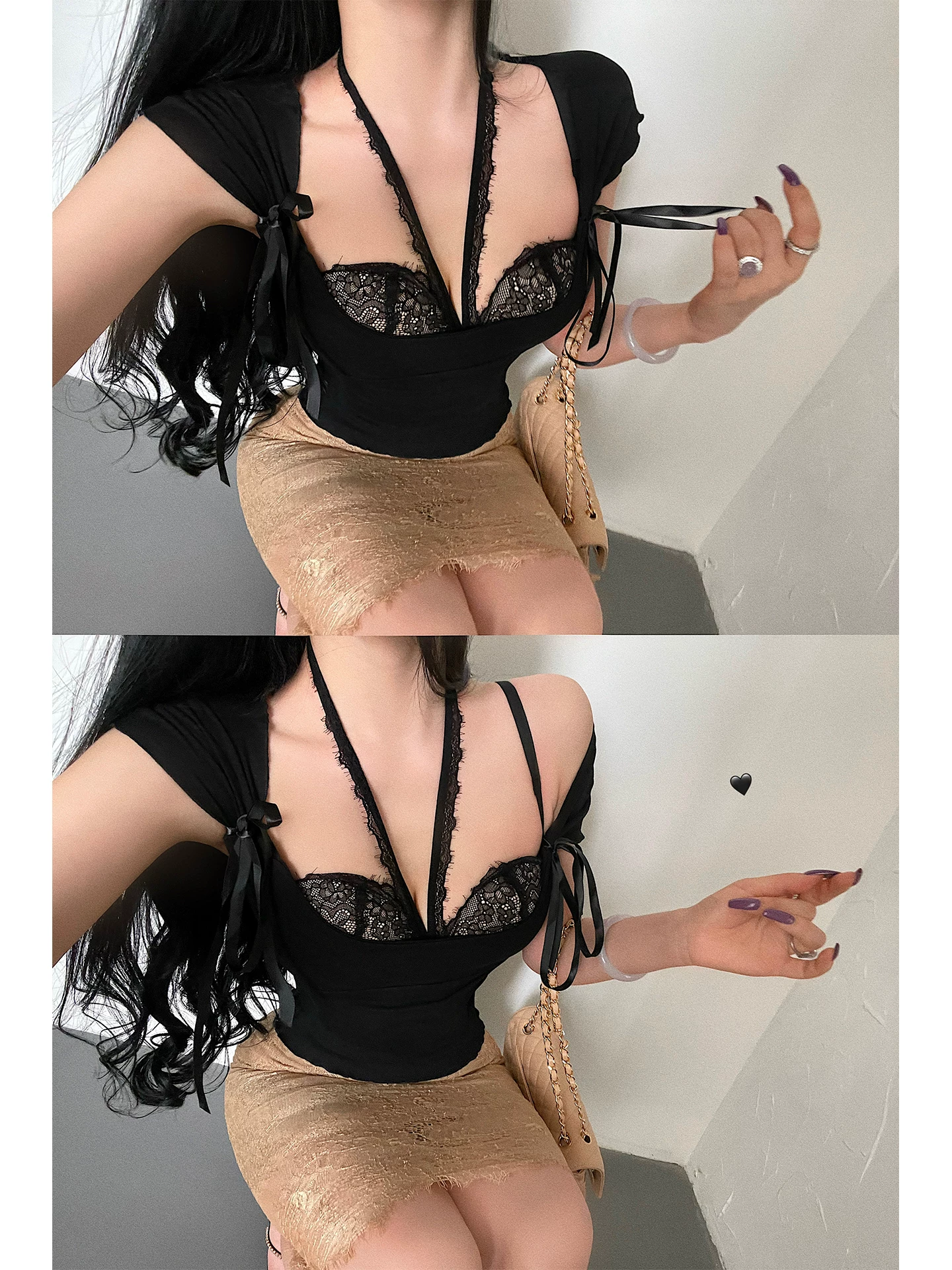 YoungGirlDay Pure Desire Bộ áo ngực ren cổ yếm gợi cảm có nơ và bộ áo có đường cắt xếp nếp