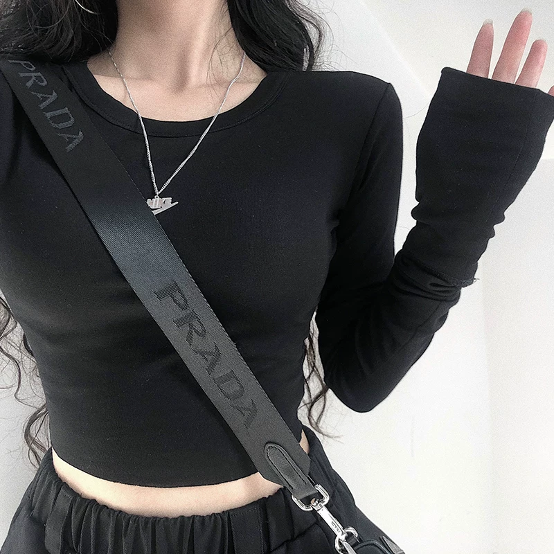YoungGirlDay Áo thun ngắn tay ngắn kiểu Âu Mỹ gợi cảm, cổ tròn, hai lớp, tay áo dài, kiểu dáng ôm sát