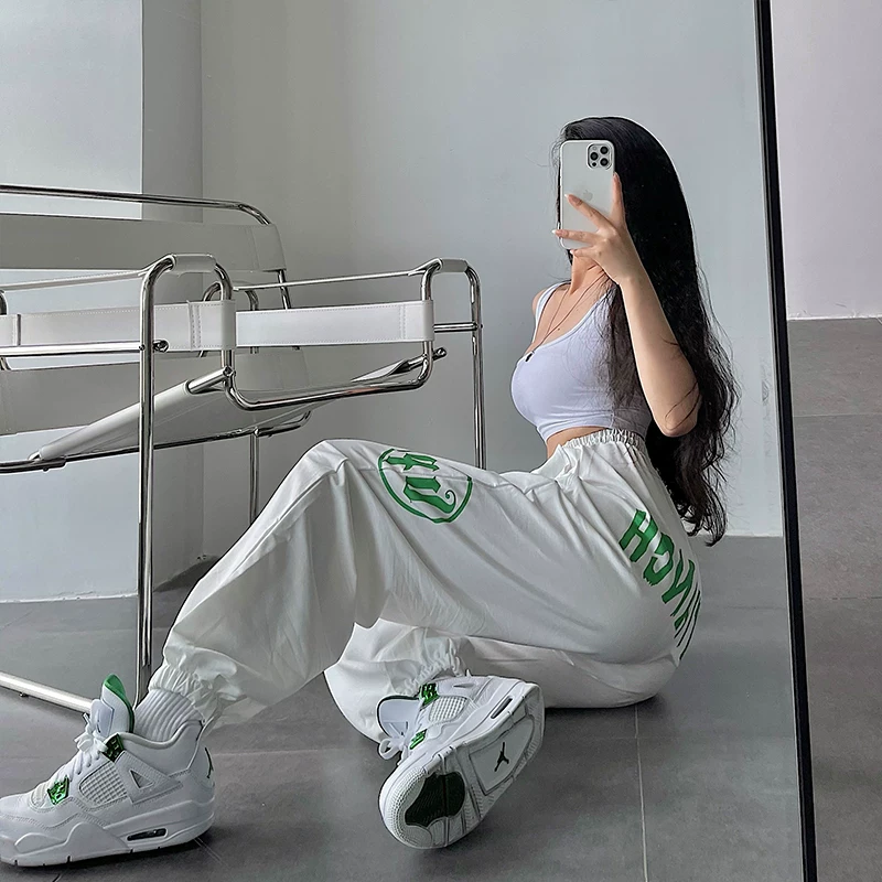 YoungGirlDay Quần jogger dáng rộng phong cách Âu Mỹ, dáng rộng, có dây rút hai màu, in chữ, quần jogger thông thường đa năng