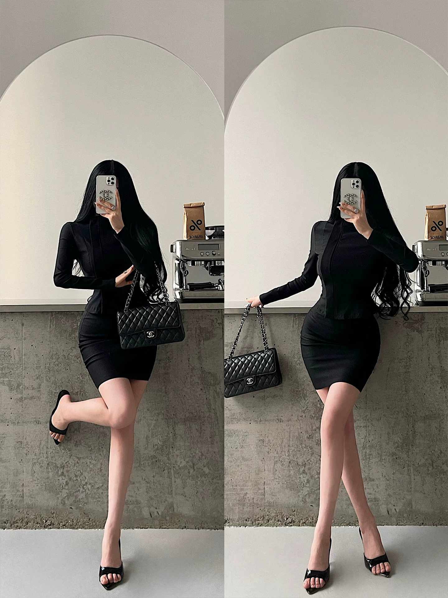 Bộ trang phục YoungGirlDay gồm áo dài tay cổ đứng có khóa kéo, phong cách trưởng thành và thanh lịch, kết hợp với chân váy ôm sát lưng cao xẻ tà.