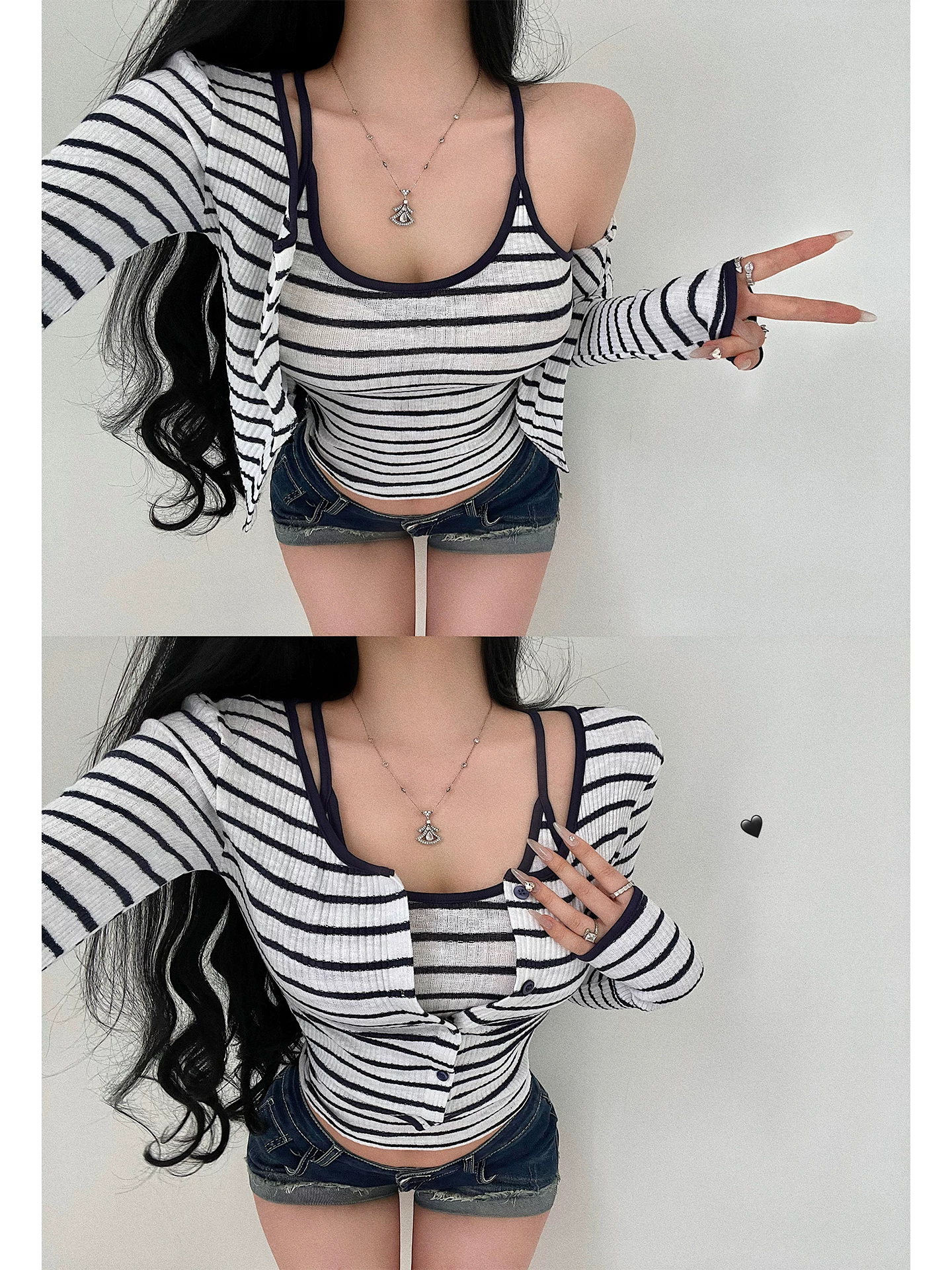 YoungGirlDay Bộ áo cardigan dài tay sọc đơn giản phong cách Hàn Quốc thuần khiết gợi cảm