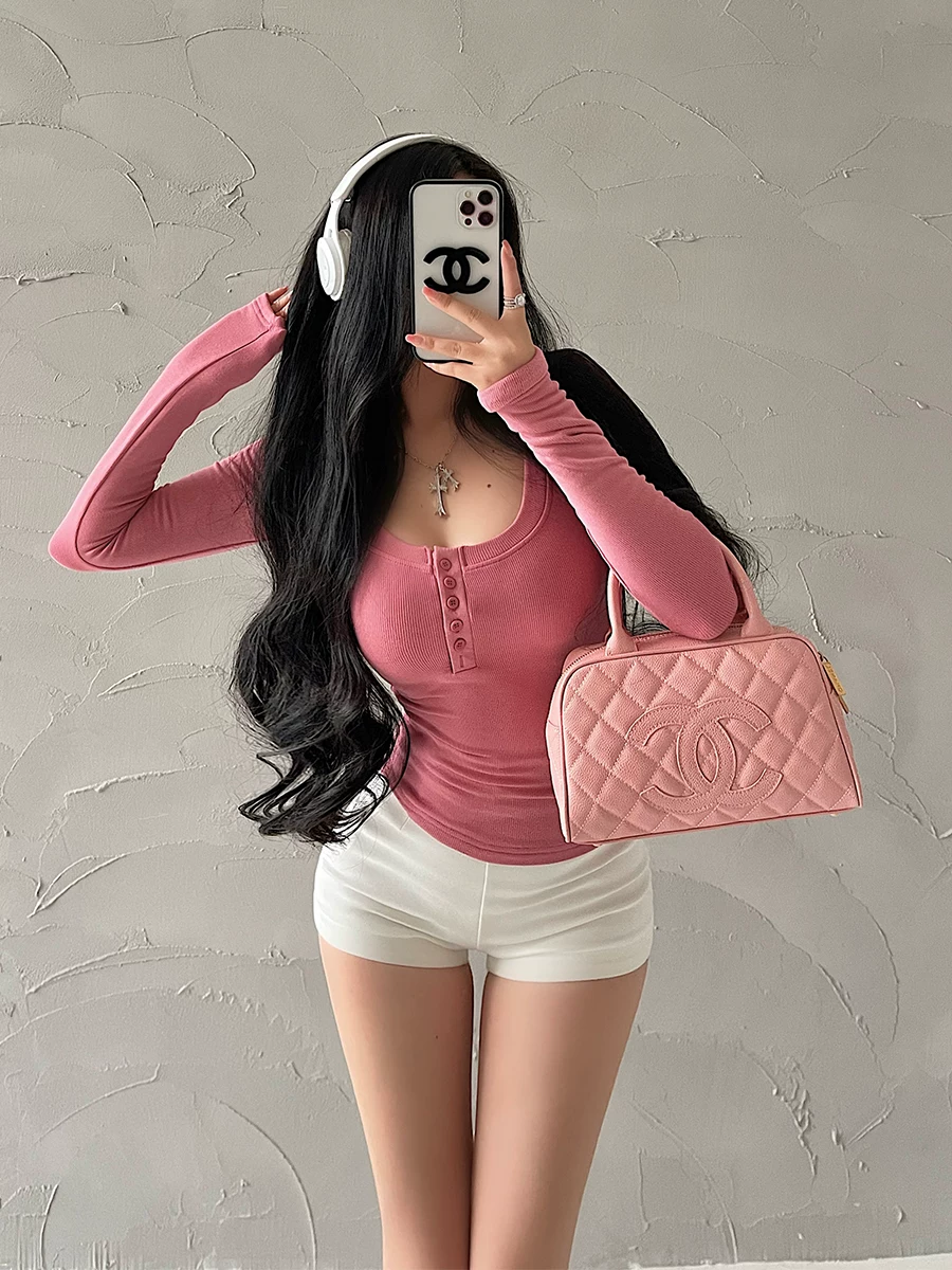YoungGirlDay Pure Desire Sweet Girl Cổ tròn một hàng khuy Slim Fit Dài tay co giãn Áo sơ mi cơ bản Áo thun hàng đầu